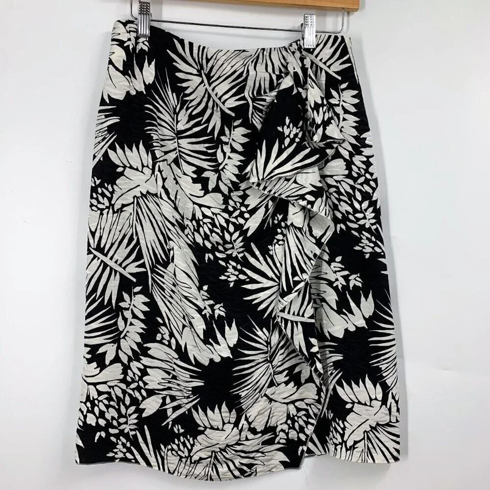 MaxMara Women 100% Silk Floral‎ Tropical Ruffle Pencil Skirt Size 10